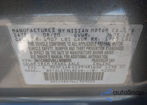 2020 Nissan Versa S Xtronic Cvt from USA, damaged, VIN 3N1CN8DV6LL909020